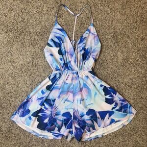 LATISTE By AMY Women's Floral Print Halter Neck Romper Jumpsuit Blue Purple M